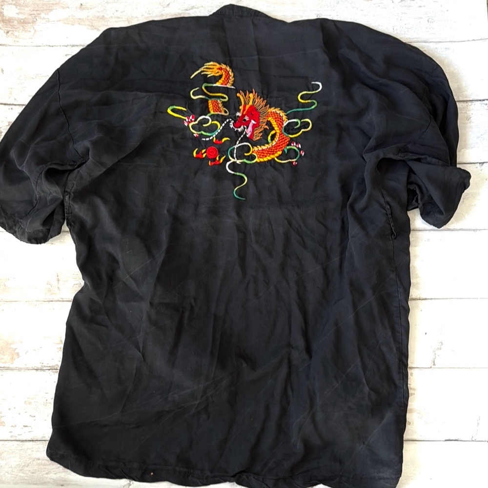 Black Dragon Embroidered Kimono Robe Top Unisex Mens Size Large